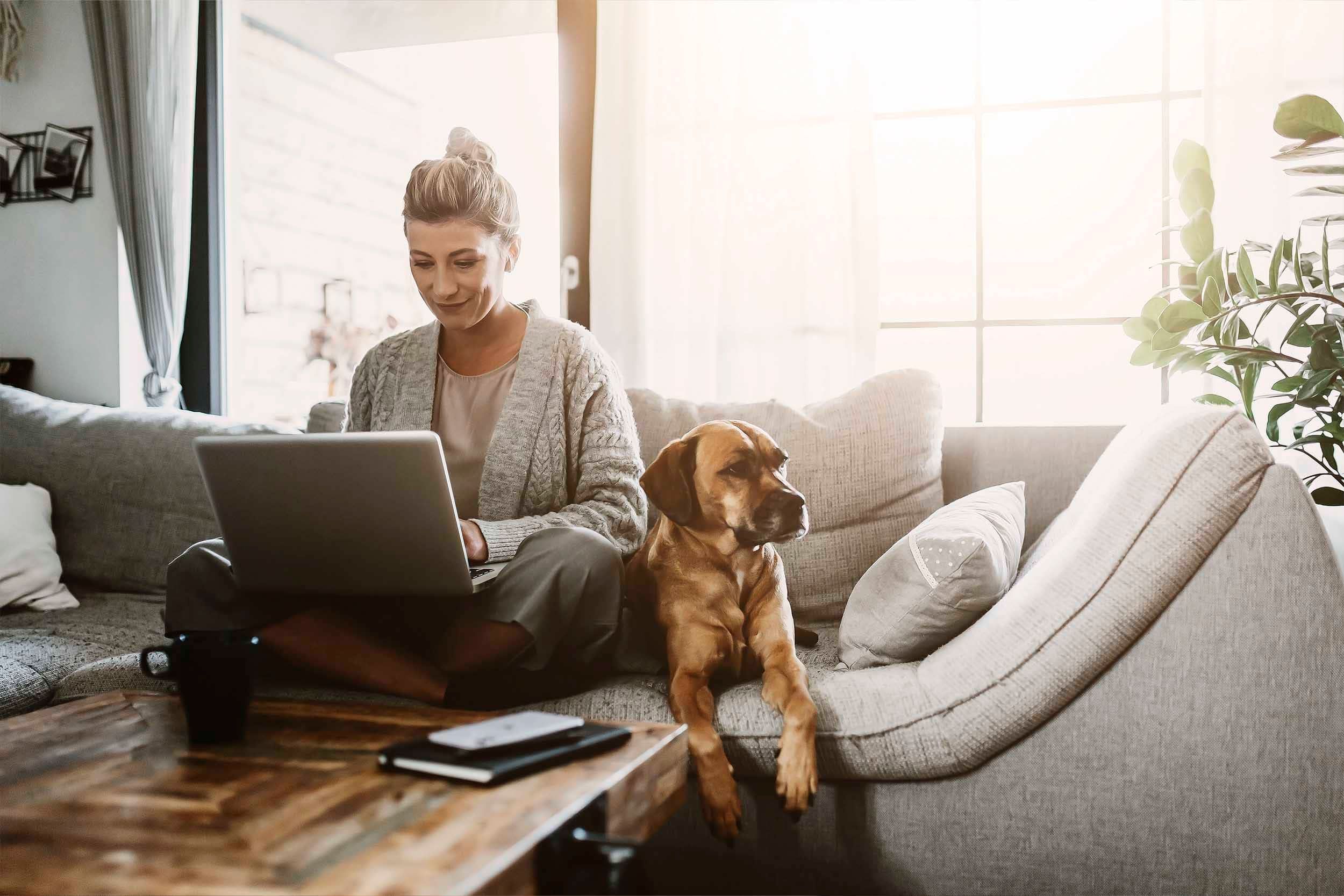 woman and dog working from home
