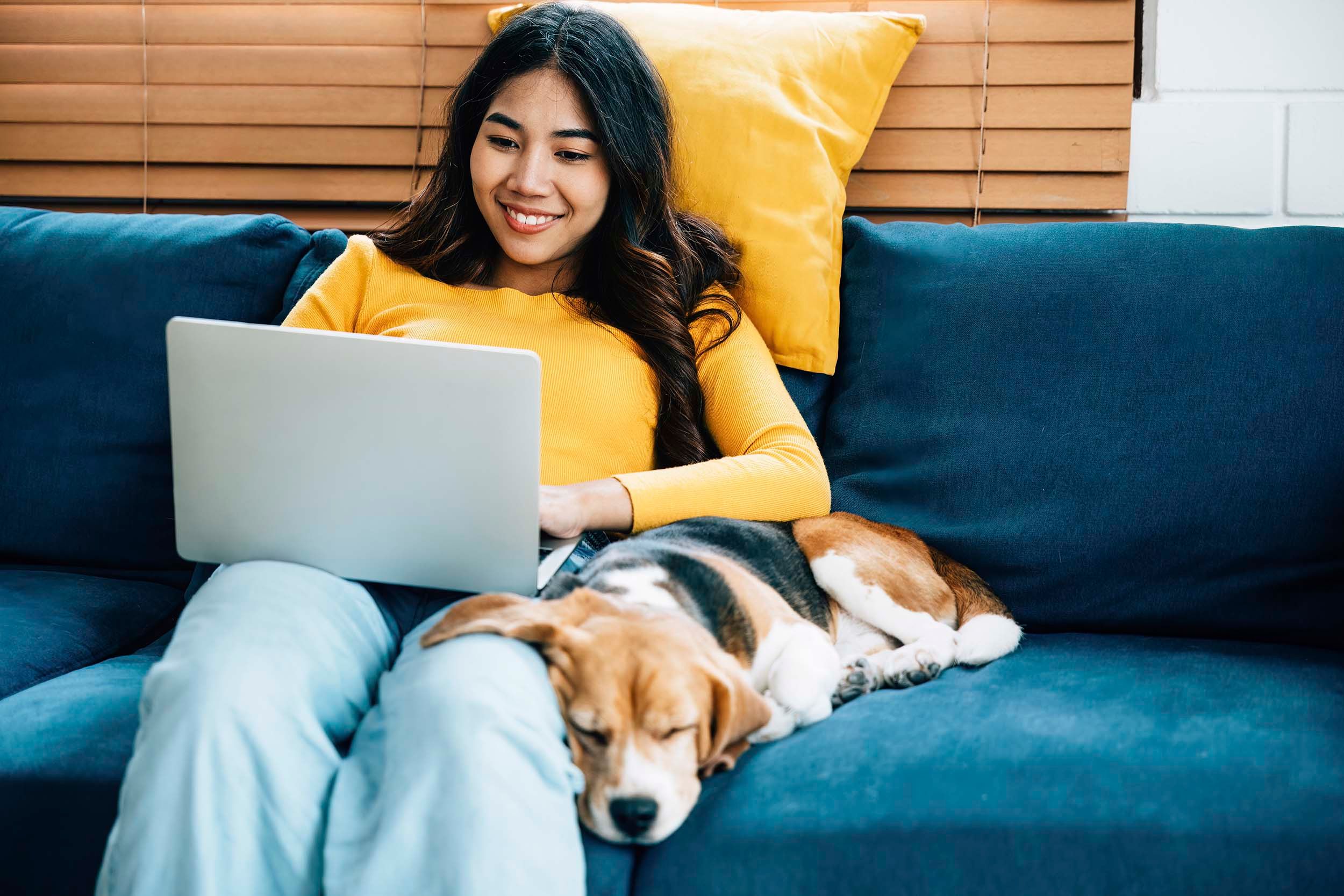 woman and dog working from home in couch